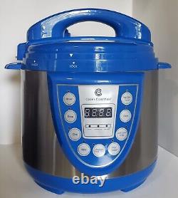 Cuisinière essentielle de 4 litres en acier inoxydable avec couvercle en verre bleu, à pression numérique.